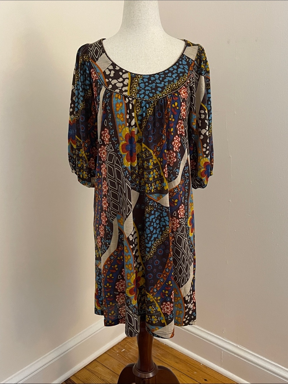 Orion London Patchwork Boho Tunic Dress Beaded Neckline XS/S